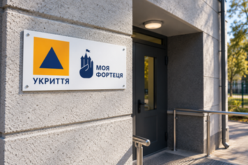 Табличка укрытия "Моя фортеця" с международным знаком гражданской обороны. Знаки для школ и учреждений высшего образования 2025-0312 фото