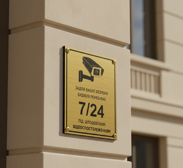 Info Security Sign “Video Surveillance 24/7” Sign — Brass Information Security Sign