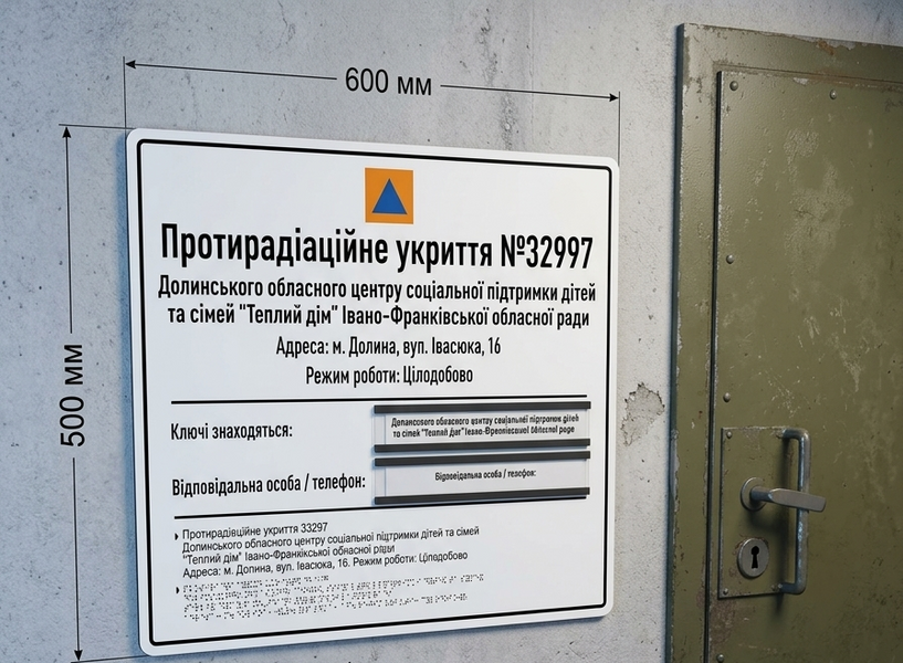 Тактильний інформаційний стенд &laquo;Протирадіаційне укриття&raquo; зі шрифтом Брайля та змінними модулями згідно вимог ДБН 2026-2115 фото