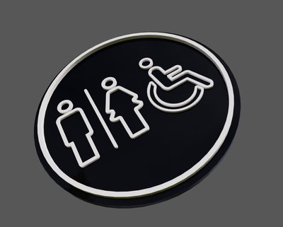 Black Round sign All gender Toilet (outline icon Men, Women, Disabled) Door Signs. Black Acrylic Plaque Notice with Universal Icon Symbol Access