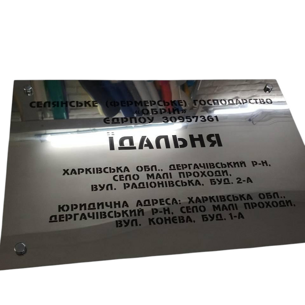 Фасадна вивіска з нержавіючої сталі з підкладкою з кольорового акрила. Срібло-дзеркало 2026-131 фото