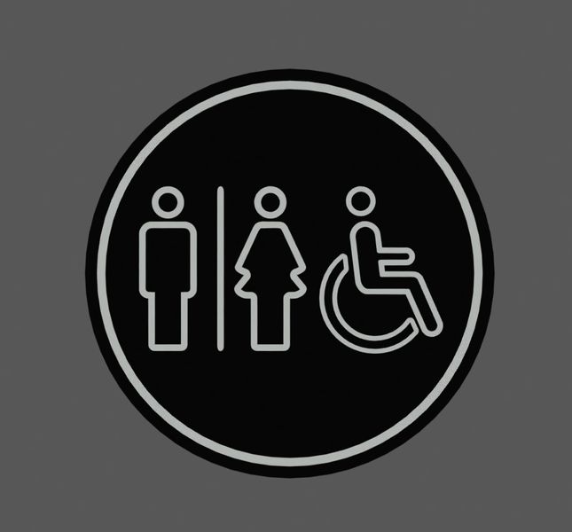 Кругла 3д акрилова табличка WC, туалет чорного кольору з піктограмами чоловік, жінка та людина на колісному кріслі 2023-00125 фото