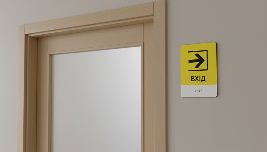 Entrance Sign with Braille. Yellow Aluminum Plaque
