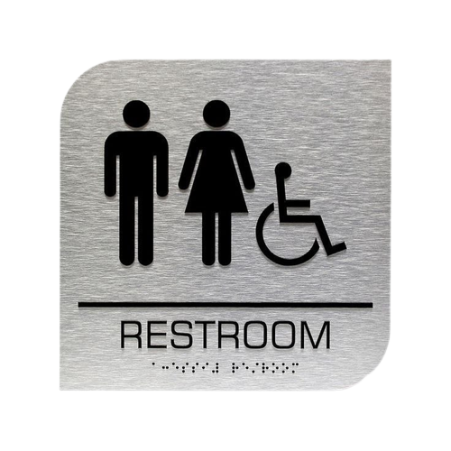 Тактильний знак WC з акриловими літерами, шрифтом Брайля та піктограмами чоловік, жінка та людина на кріслі колісному 2023-0006 фото