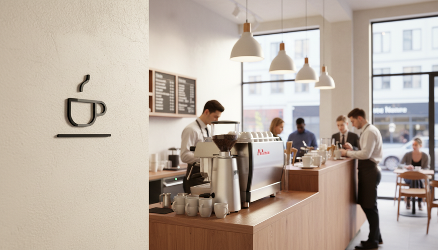 Acrylic sign, pictogram on the wall "Coffee/Drink/Coffee shop". Sign for cafe, coffee shop